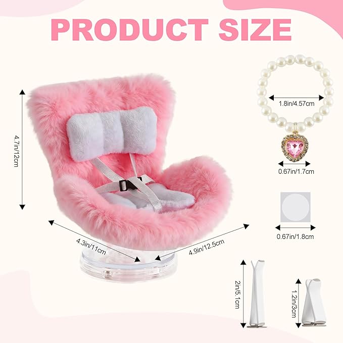 Cute Doll Car Seat for Labubu, Premium Car Seat Accessories for 4-7in Dolls, Including Air Vent Clip, Desktop Stand, Adjustable Strap, Airflow-Friendly Design(Pink)