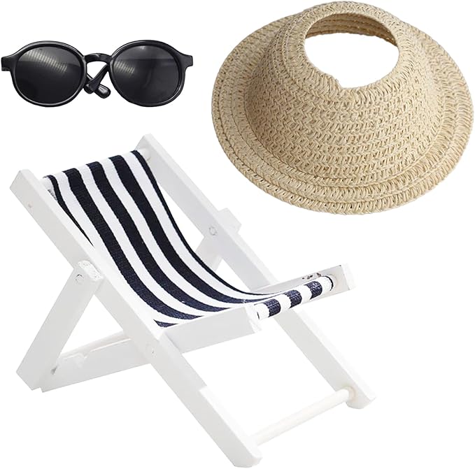 Accessories Set for 17cm Doll,Miniature Beach Sun Hat/Sunglasses/Wooden Folding Beach Chairs Compatible with Labubu 15cm/17cm Dolls,No Doll