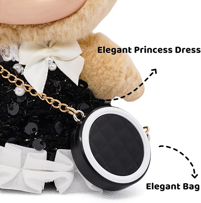 Clothes for 17cm Dolls, Luxury Chic Sequin Bow Decorations Style 4 Piece Set Including Princess Dress, Hat, Shoes and Bag High-End Outfit - Premium Handmade Accessories for Play & Display - Black