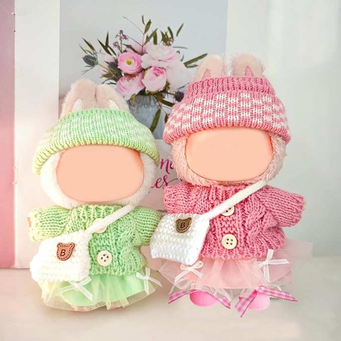 17cm Doll Clothes for Lububu,Outfits Set with Hand-Crocheted Pink Sweater, Hat, Skirt, Shoes and Bag, Designer Clothing and Accessories for Macarons Series Dolls Dress-Up(Pink Sweater Skirt)