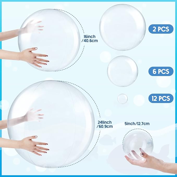 Sratte 20 Pcs Inflatable Beach Balls Bulk, Multiple Sizes Summer Swimming Pool Balls for Adults Hawaii Luau Party Supplies(Clear,Classic)