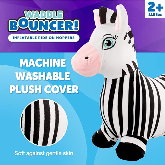 WADDLE Bouncy Hopper Inflatable Animal Hopping Plush, Indoor and Outdoor Toy for Toddlers and Kids, Pump Included, Boys and Girls Ages 2 Years and Up (Zebra)