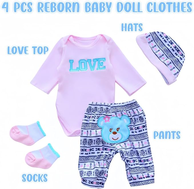 Reborn Baby Dolls Clothes Love Pattern 4pcs Set for 17-22 Inch Newborn Baby Doll Girl, Doll Clothing Cute Bear Outfit Accessories fit 17-22 Inch Reborn Doll Girl&Boy