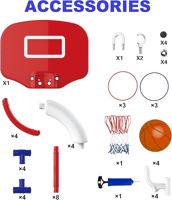 2-in-1 Floating Pool Basketball Hoop with Backboard, 4 Balls, 6 Rings & Pump, Stable Water Basketball Hoop & Ring Toss Pool Games for Ages 4-12, Summer Fun & Outdoor Indoor Family Pool Toys