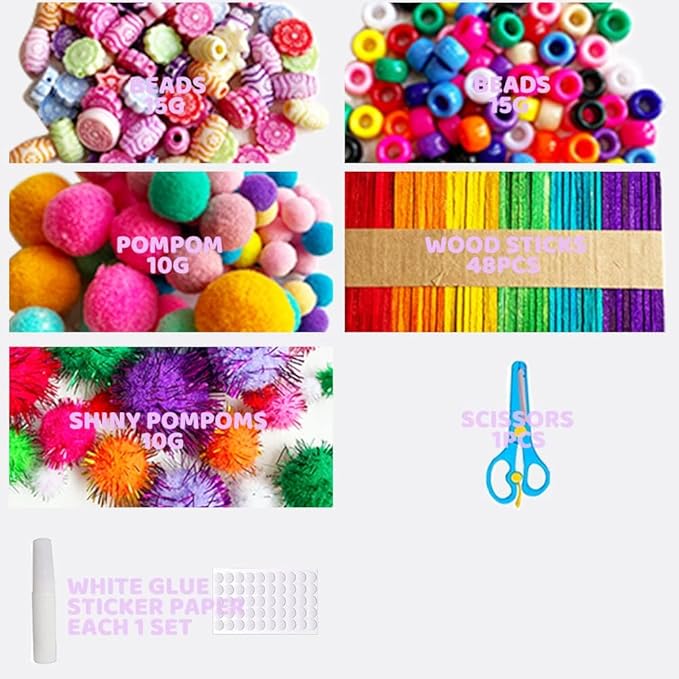 MOVEBO Mega Kids Crafts and Art Supplies case Kit - 1200+ Piece Set - Make Bracelets and Necklaces - Plus Glitter Glue, Construction Paper, Colored Popsicle Sticks, Google Eyes, Pipe Cleaners