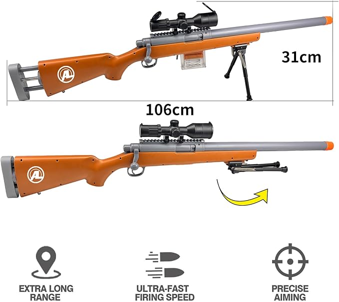 AGM MASTECH M24 Foam Blaster, Shell Ejecting, Safety Switch, Adjustable Stock 41.8 Inch, Fast Dart Loader, Scope, 40 Darts, 20 Casings, 2 Mags, Tactical Gear for Teens 14+ Adults(Brown)