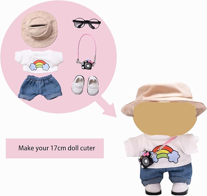 6-Piece 17cm Doll Clothes Set - Trendy Outfit with Hat, Pants, Glasses & Mini Camera, Fashion Accessories Compatible with Vinyl Face Pendant (Style F, No Doll)