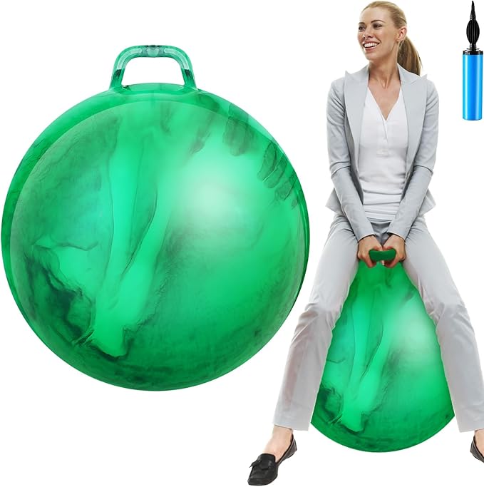 Lewtemi Hopper Ball for Adults, 29 Inch Bouncing Ball Hippity with Handle Rubber Hop, Jumping Hopping Exercise with Air Pump for Outdoors Sports Exercise (Gradient Green)
