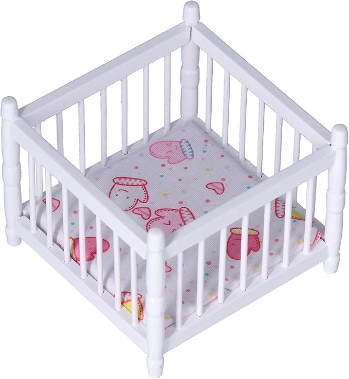 1:12 Scale Wooden Doll House Baby Bed DIY Miniature Doll House Mini Furniture Accessories with Mattress Square Bed White Children's Day Gift