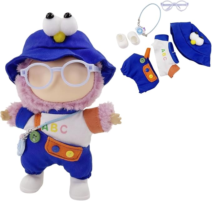 Stylish Adorable 17cm Dolls Clothes, 6PCS Doll Outfits Dress-Up with Hat + Top + Pants + Glasses + Shoes + Pendant Accessories (No Dolls) Blue