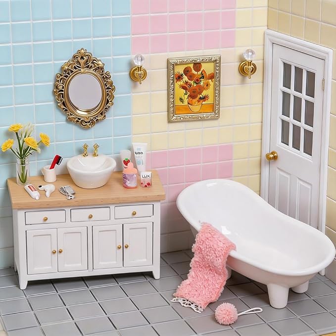 DIYDEC 1:12 Scale Dollhouse Bathroom Set 20pcs Miniature Furniture Accessories with Doll Bathroom Washbasin Cabinet Ceramic Bathtub Mirror Comb for Dollhouse Miniatures Play Figurines Decor