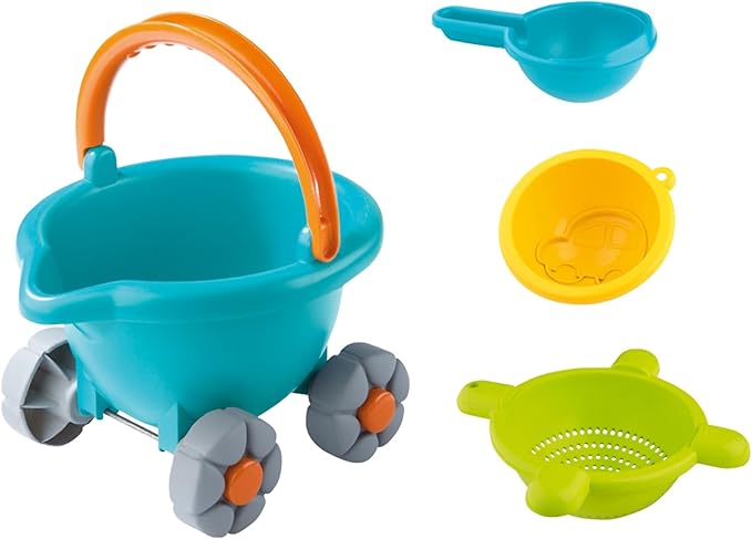 HABA Sand Bucket Scooter - 4 Piece Nesting Beach Toy Set - Toddler Summer Toys & Toddler Beach Essentials with Sand Bucket, Sieve, Shovel, & Pail on Wheels - Perfect Beach Toys for Toddlers 1+