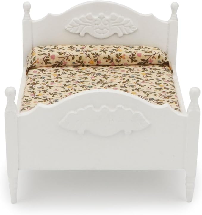 Miniature Furniture Dollhouse Wooden Fabric Bed with Mattress & Pillow 1 12 Scale Furniture Dollhouse Decoration Accessories (White)
