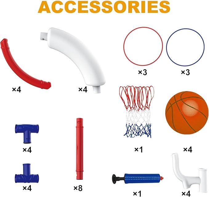 Taotuo Red Floating Pool Basketball Hoop, 2-in-1 Basketball & Ring Toss Game with 4 Balls, 6 Rings&Pump, Summer Pool Toys Outdoor Water Fun Family Party for Age 3-12