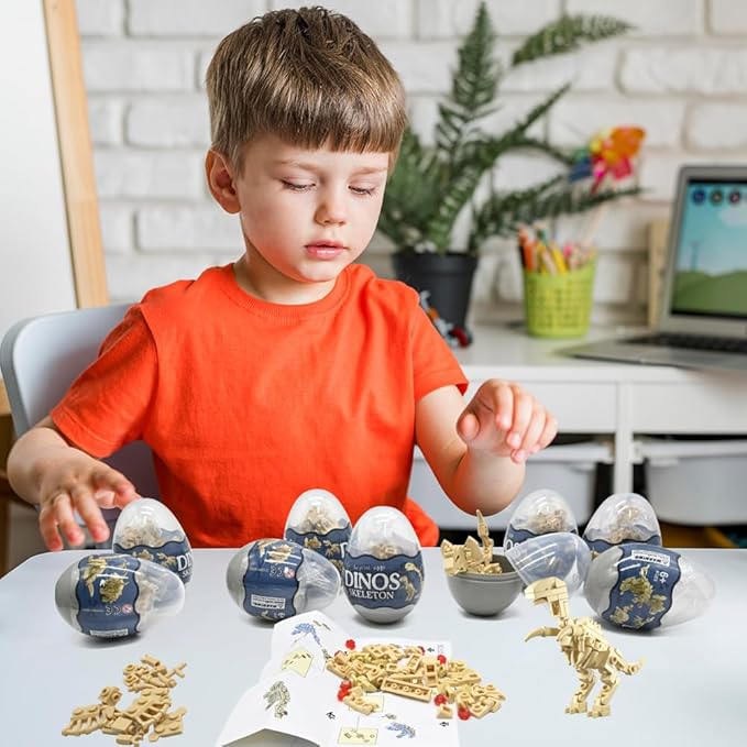 UMEELR 12Pcs Pre Filled Easter Eggs Dinosaur Skeleton Building Blocks, 12 in 1 Easter Eggs for Kids Easter Egg Hunt, Easter Basket Stuffers Filler, Easter Party Favor Supplies