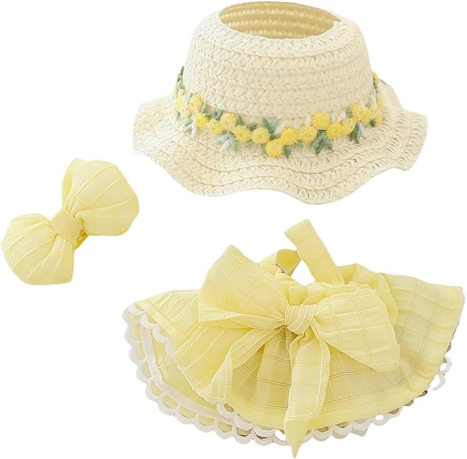 Clothes for Lu bubu 17cm Dolls Accessories (No Doll), Kawaii Hat Skirt Outfit Set 3 Pieces for 17cm Dolls Suit, Stylish Flower Doll Hat Clothing Set Replacement Yellow