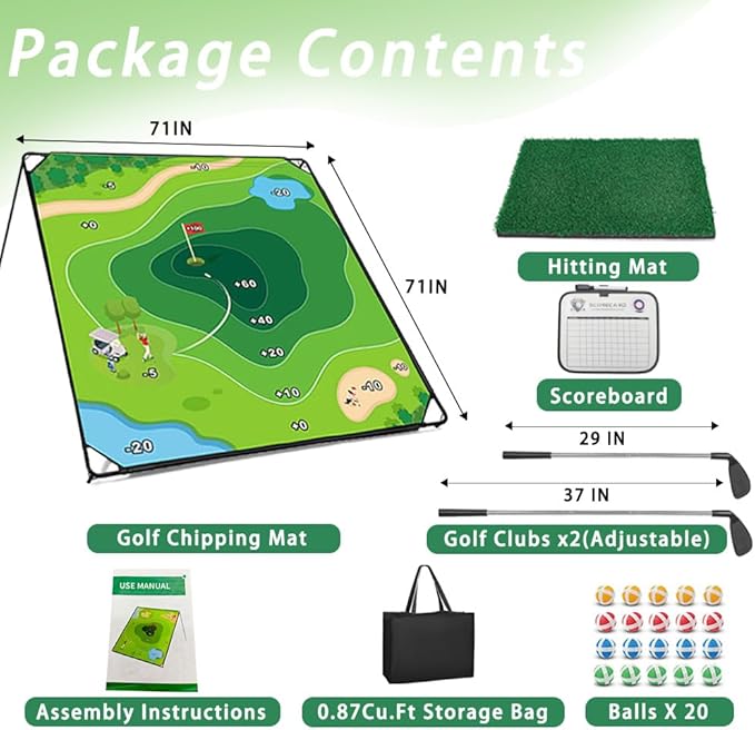 71 X 71 in Golf Chipping Game with Large Hitting Mat, 20 Sticky Balls, 1 Scoreboard, 2 Adjustable Golf Clubs, 1 Storage Bag, Portable and Easy-to-Setup Yard Shooting Range Game for Adults Kids