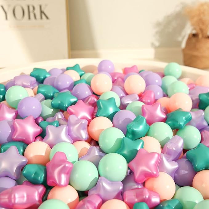 TRENDPLAY Star Ball Pit Balls for Toddlers -50 100 200 Count Star Balls Different Shapes, Non-Toxic Plastic Balls for Safe Play, Boys Girls Festival Party Decoration