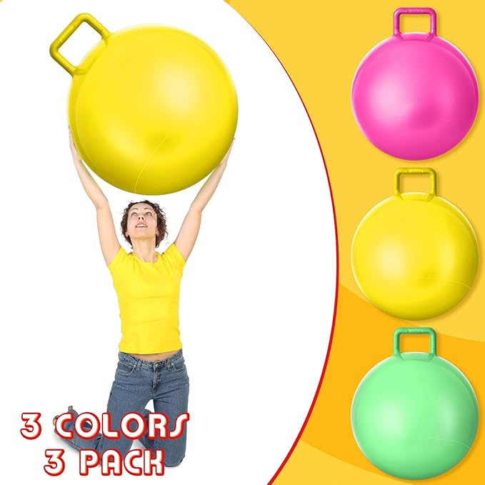 Lewtemi 3 Pcs 29 Inch Bouncing Ball with Handle, Outdoors Hopper Jumping Hopping Ball and Air Pump for Sports Exercise (Yellow, Light Green, Pink)