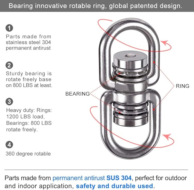 SELEWARE Heavy Duty Bearing Swing Swivel, 360° Rotational Hanging Accessory with 2 Quick Connect Buckles, Ideal for Tree Swing, Hammock Chair, Yoga, Kids Tire Swivel, Heavy Bag Swivel, 1200LB Capacity