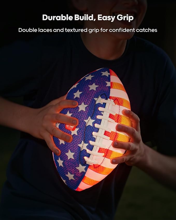 QPAU 10.5" Glow in The Dark Football (Size 6, 1 Pack), Light Up Youth Football with Pump & Batteries, Outdoor Toys & Games for Boys Girls, Birthday Gifts for Kids and Teens