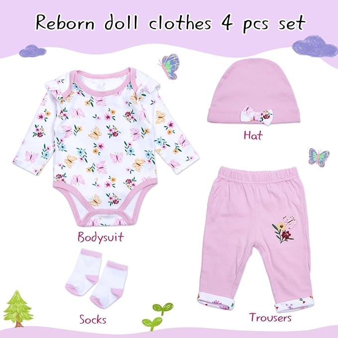 4 Pcs Reborn Baby Doll Clothes 20 Inch Girl Pink Outfit Accessories for 20-22 Inch Reborn Dolls Newborn Baby Flower Clothing Set