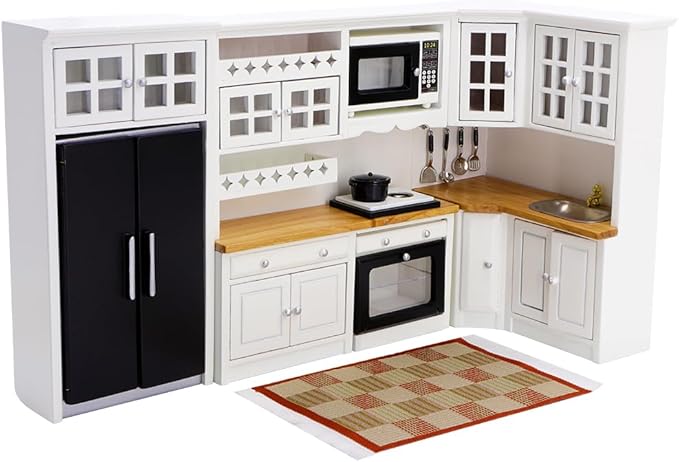 iLAND Miniature Dollhouse Furniture on 1:12 Scale, Modern Dollhouse Kitchen with Dollhouse Accessories Set