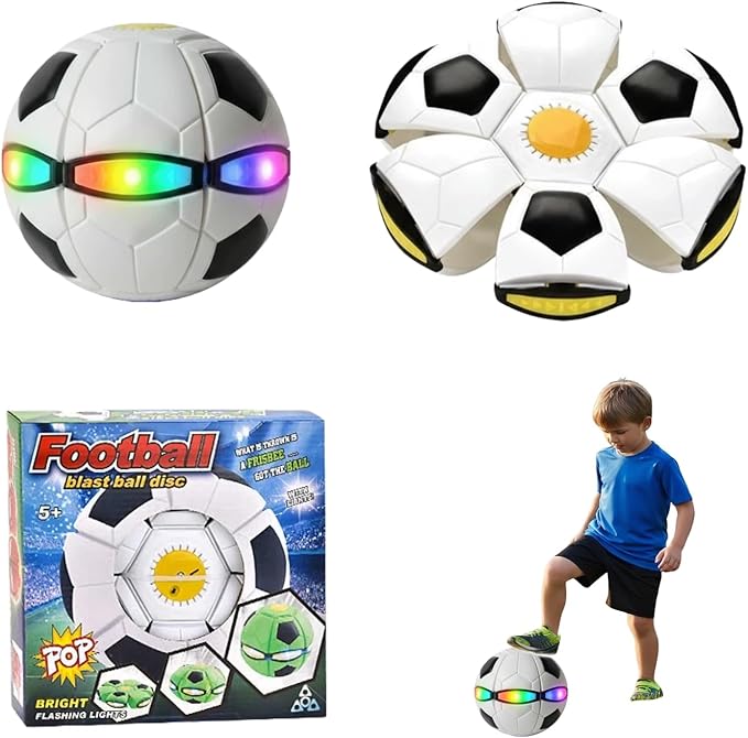 Magic Ball - 2-in-1 Shape-Shifting Magic Bouncing Ball with 6 LED Lights, Flying Saucer Disc, Impact-Activated Light Up Toys for Indoor & Outdoor Play, Frisbees for Kids (Soccer Pattern)