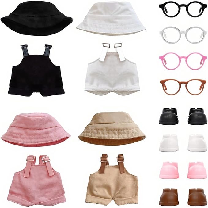 4PCS Doll Clothes Set for LABUBU 17cm Doll – Stylish Outfit with 4 Hat, 4 Overalls, 4 Shoes & 4 Glasses of Clothes Designer, Cute Clothes for Dress up Unique Style (Black+White+Brown+Pink)