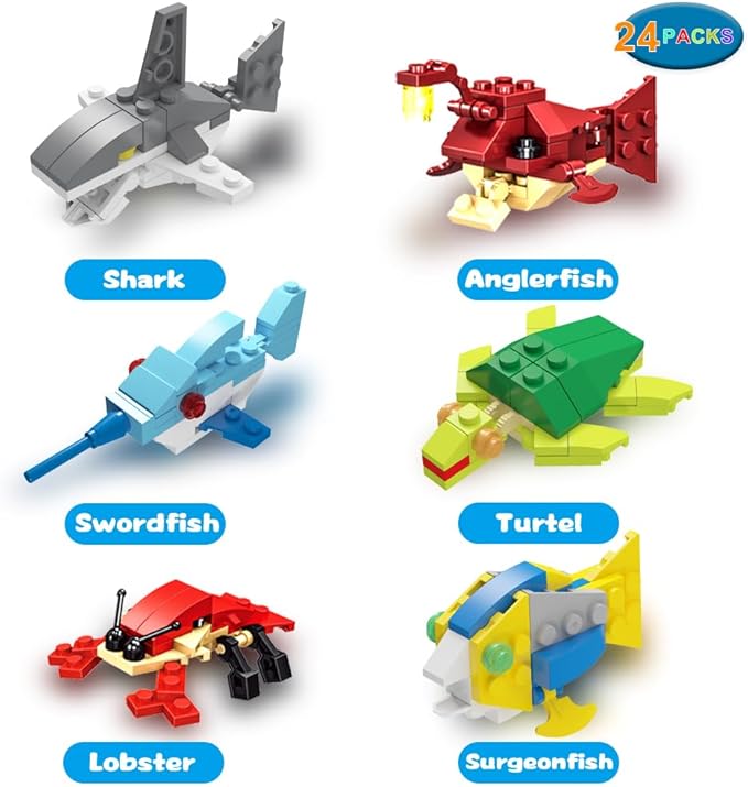 WODMAZ 24 Packs Sea Animal Building Blocks, Easter Gift Ocean Building Toys Set for Kids Easter Eggs Hunt Easter Theme Party Favors