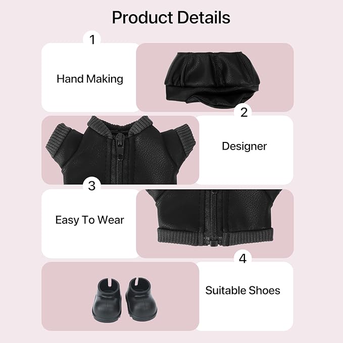 17cm Doll Clothes Sets(No Doll) Black Leather Jacket Outfits Handcrafted Designer Clothes Including Hat Jacket Trousers and Shoes