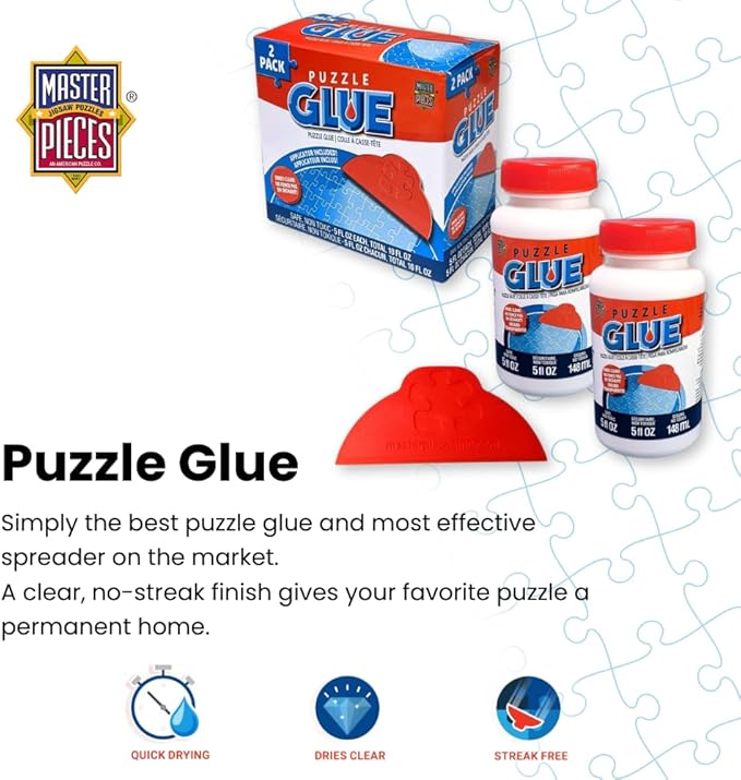 MasterPieces – Puzzle Glue with Wide Plastic Spreader, Easy to Apply, Dries Quick and Clear, Protects Finished Jigsaw Puzzles, Water-Soluble, 2 Pack, 5 oz Each