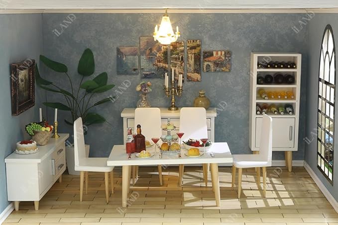 iLAND Dollhouse Furniture on 1/12 Scale of Dining-Room, Wooden Doll House Furniture Miniature of Table Chair & Cabinet (Modern Miniature Furniture 8pcs)