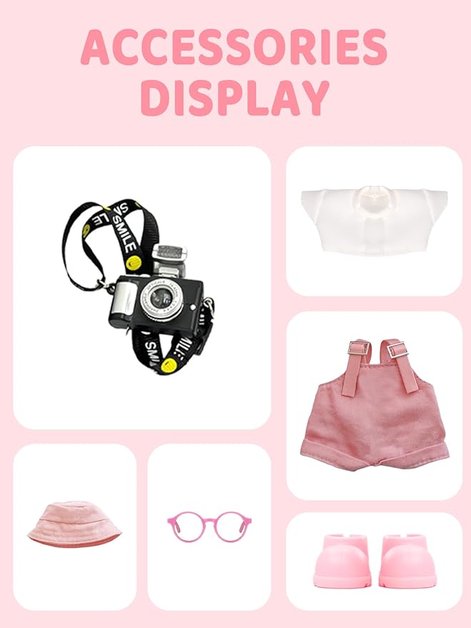 Clothes for LABUBU 17cm Doll (NO Doll) – 6-Piece Set, Hat + Overalls + Shirt + Camera + Glasses + Shoes, Outfit for LABUBU, Premium Dolls Accessories for LABUBU (Light Pink)