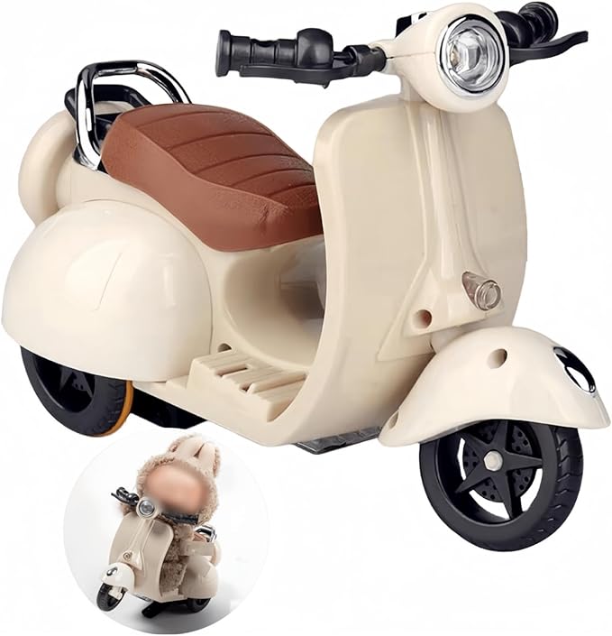 Liotww Motorcycles Scooter Toy Doll - with Light and Music, Cute Have a Seat for Accessories, Decor Desktop Ornaments Collectors (Off-White)