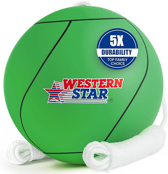Western Star Tetherball Game Set - Soft-Touch Tether Ball with 2 Reinforced Attached Ropes - Outdoor - 4 Colors - Classic Family Game