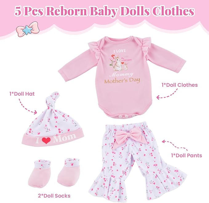 BABESIDE 5 Pcs Reborn Baby Doll Clothes for 17–22 Inch Reborn Babys Dolls, Floral Bunny Design Outfit with Romper, Pants, Hat & Socks, Reborn Baby Doll Accessories Play