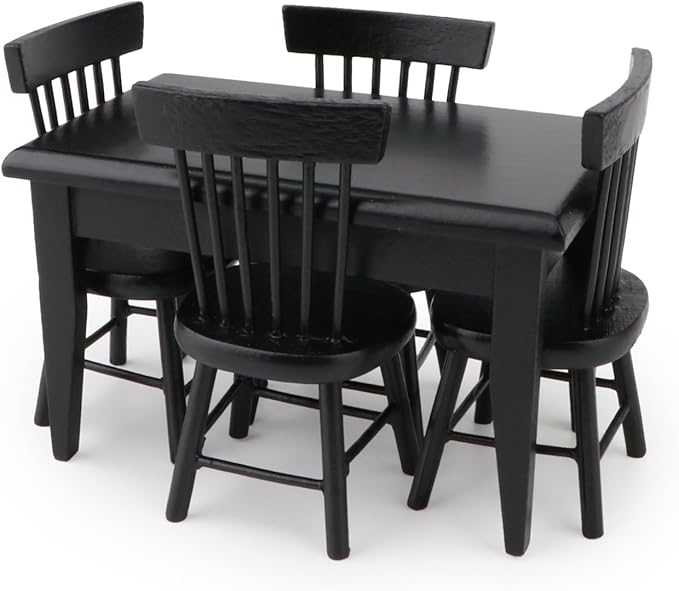 Miniature Dining Table & Chair Set for Dollhouse 1 12 Scale Wooden Furniture Model 5pcs House Mini Decoration Accessories DIY Hobby Gift (Black)