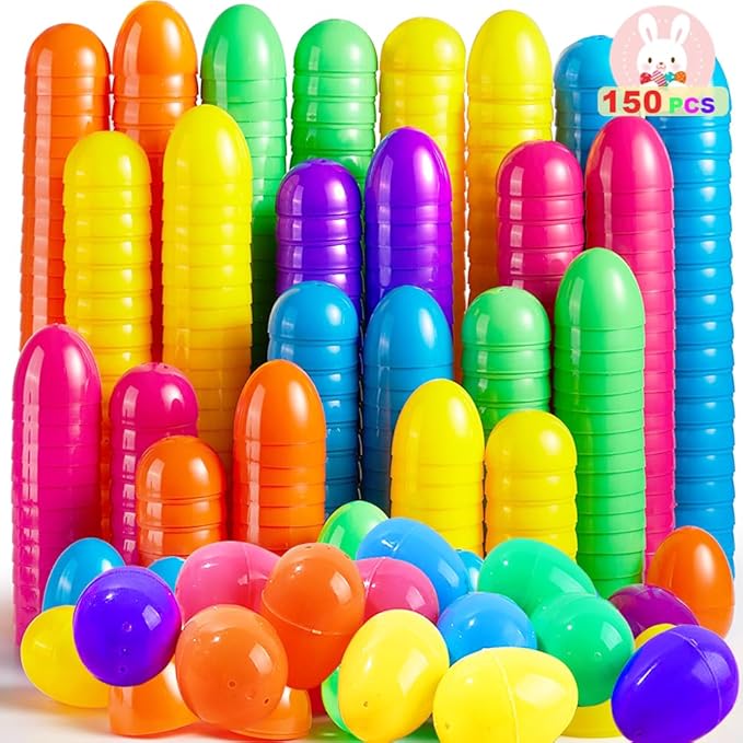 UMEELR 150PCS Plastic Easter Eggs, 2.4" Empty Eggs Fillable, Colorful Bright Egg Bulks for Easter Hunt Party Favor, Basket Stuffers Fillers, Filling Treats