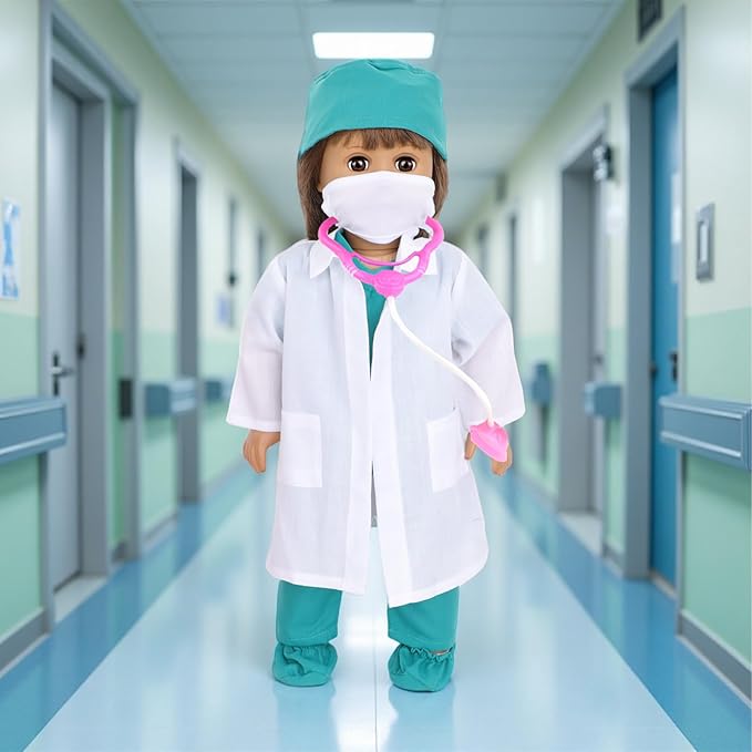 MSYO 18-Inch Doll Doctor Playset-Pretend Play Medical Kit with White Coat,Scrubs & Surgical Tools,STEM Roleplay Costume for Kids Ages 3-12,Fits Most 18-Inch Girl & Boy Dolls(Green)