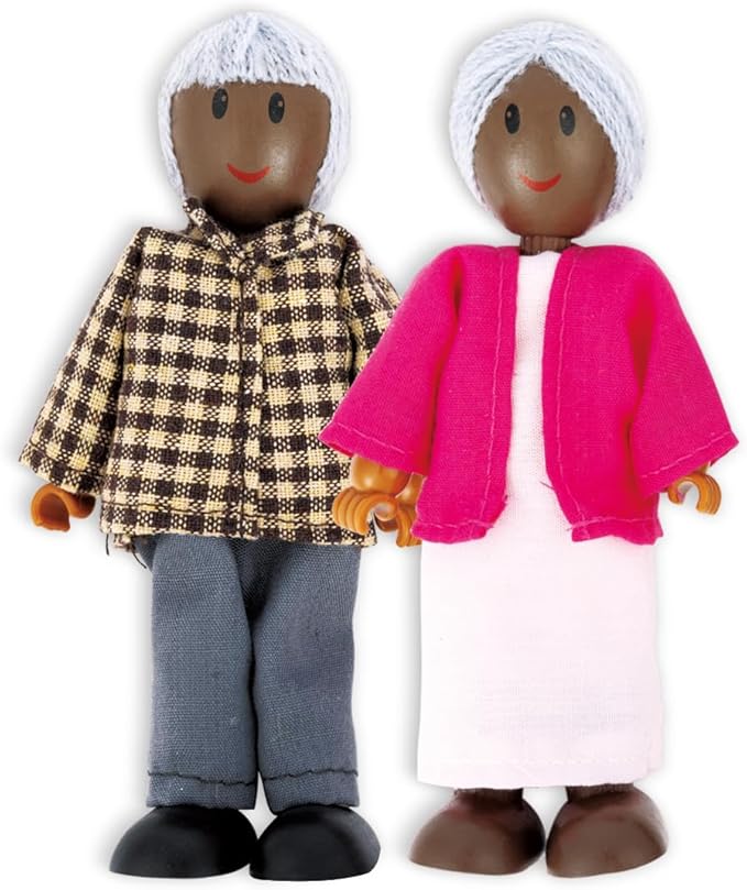 Hape African American Wooden Doll House Family| Dollhouse People Set of 6 Action Figure Set| Wire Adults: 4.3" H; Kids: 3.5" H