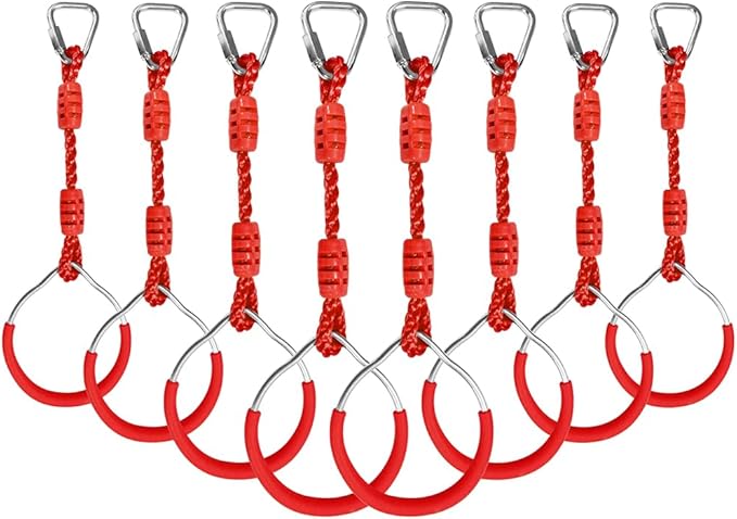 Backyard Ninja Ring Hang Gymnastic Fist Swing Monkey Bar Playground Equipment Climbing Attachment Playground Play Set, 8 Red Obstacle Course Fit Rings Jungle Gym Slackline Warrior Training Equipment