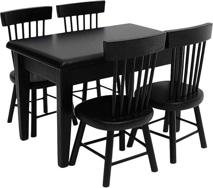 Miniature Dining Table and Chairs Set 5pcs – 1:12 Scale Dollhouse Room Furniture Kitchen Mini Wooden Chair Accessories, Model Accessory Decoration for Doll House DIY Hobby, Black