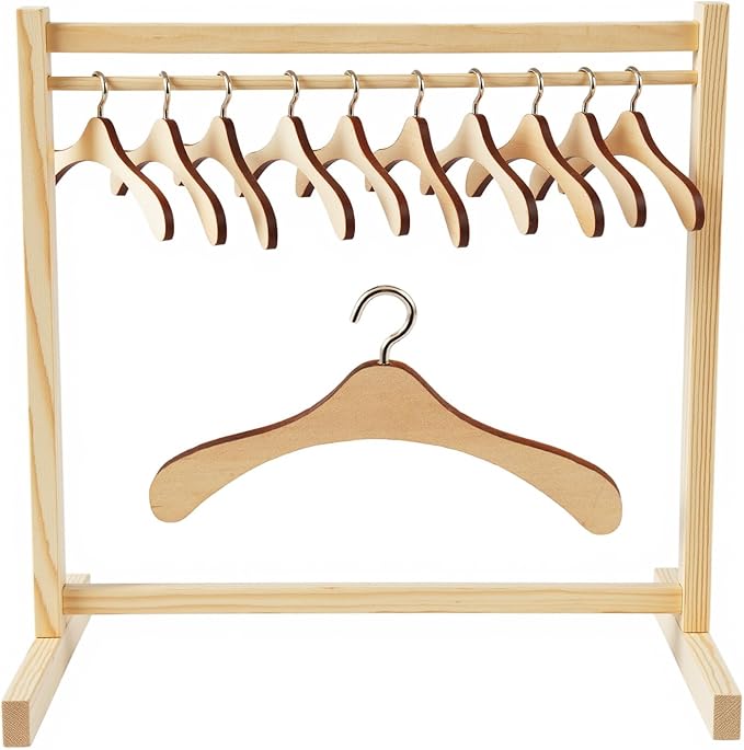 BABESIDE 10 Pcs Doll Garment Rack with Wooden Baby Doll Hangers, Doll Accessories for 18 Inch Doll Girl, 18 InchDoll Girl Clothes Storage Furniture