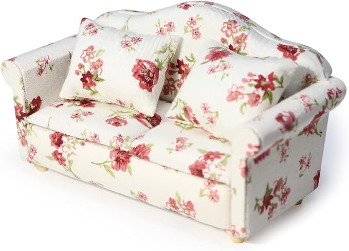 Dollhouse Couch Miniature Sofa with Pillows Dollhouse Living Room Funiture 1:12 Model 3 Pcs High Simulation Upholstered Armchair Mini Room Artificial House Scene Decoration (White Floral)
