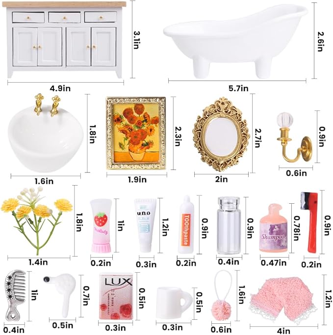 DIYDEC 1:12 Scale Dollhouse Bathroom Set 20pcs Miniature Furniture Accessories with Doll Bathroom Washbasin Cabinet Ceramic Bathtub Mirror Comb for Dollhouse Miniatures Play Figurines Decor