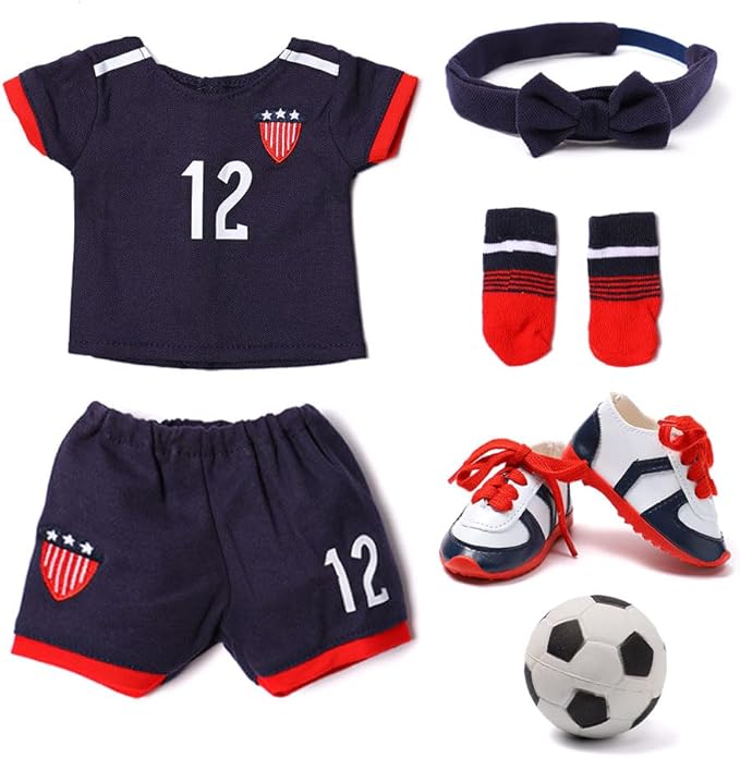 18-inch Girl Doll Clothes Accessories - Team USA 6 Piece Soccer Uniform Clothing Includes Headband,Shirt,Shorts, Socks,Shoes and Football Fits 18" Dolls