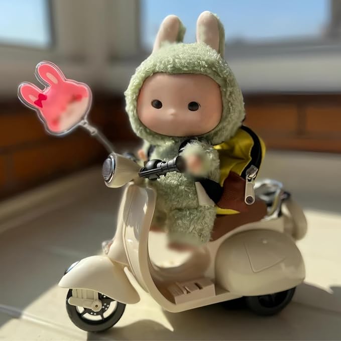 Liotww Motorcycles Scooter Toy Doll - with Light and Music, Cute Have a Seat for Accessories, Decor Desktop Ornaments Collectors (Off-White)