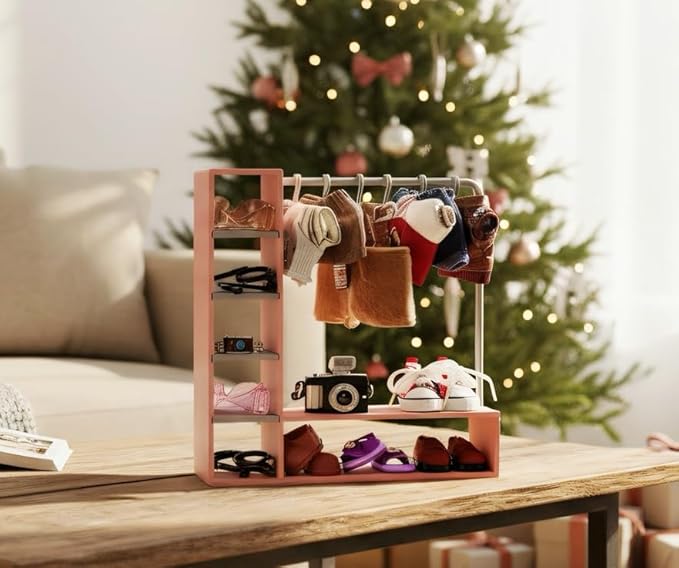 Doll Clothes Closet with 10 Hangers, Pink & Gray Color Block Doll Accessories Display Wardrobe, Compatible with Fasion Doll Clothes,Portable Storage for Figures,Gift