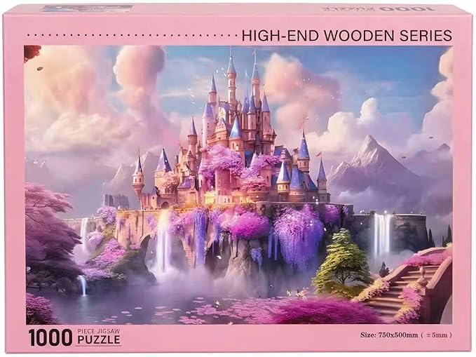 Dreamy Pink Castle Fantasy Art Puzzle 1000 Pieces with Letters on Back Only, Cherry Blossom Waterfall Scenery Jigsaw Puzzles for Adults, Includes Poster & Storage Bag, 29.5x19.7in